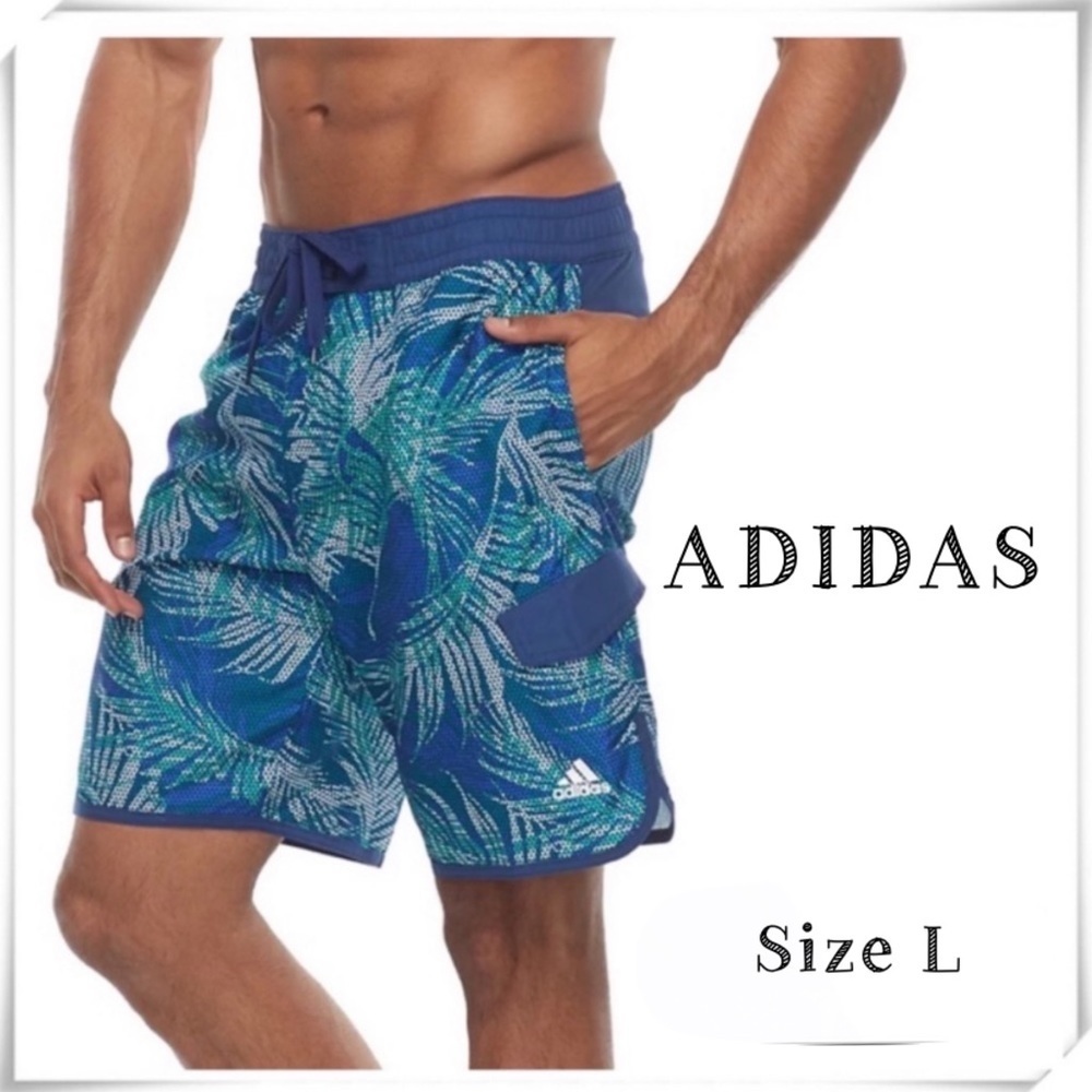 ADIDAS Tri Palms Print Microfiber Volley Swim Board Shorts in Blue/Green Size L